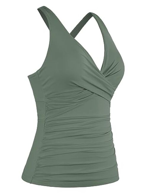 Firpearl Women's Underwire Tankini Top Only Twist V Neck Swimsuits for Big Busted Ruched Tummy Control Bathing Suits Top