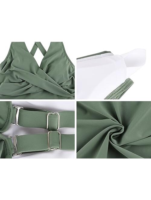 Firpearl Women's Underwire Tankini Top Only Twist V Neck Swimsuits for Big Busted Ruched Tummy Control Bathing Suits Top