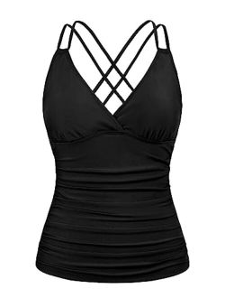 Women's Underwire Tankini Top Only V Neck Strappy Back Swimsuit Ruched Tummy Control Bathing Suits Top
