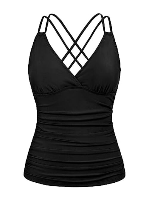 Firpearl Women's Underwire Tankini Top Only V Neck Strappy Back Swimsuit Ruched Tummy Control Bathing Suits Top