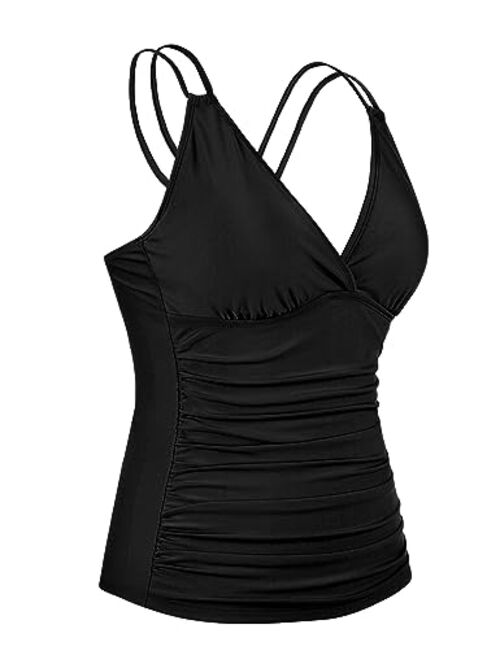Firpearl Women's Underwire Tankini Top Only V Neck Strappy Back Swimsuit Ruched Tummy Control Bathing Suits Top