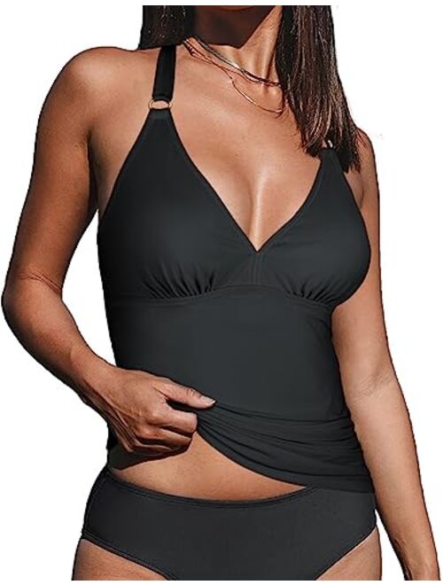 Firpearl Women's Halter Tankini Tops Only V Neck Swimsuit Ruched Tummy Control Bathing Suit Tops