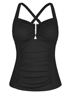 Tankini Tops for Women Swimwear Criss Cross Back Swimsuit Ruched Tummy Control Bathing Suit Tops Only