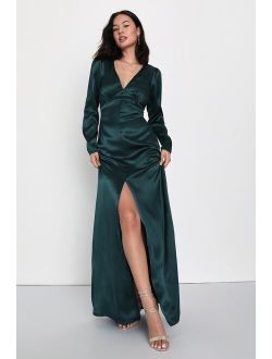Lovely Essence Emerald Green Satin Long Sleeve Maxi Dress