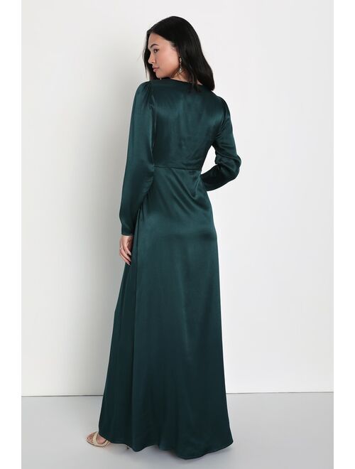 Lulus Lovely Essence Emerald Green Satin Long Sleeve Maxi Dress