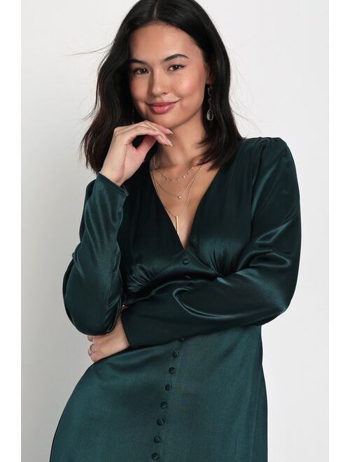Lulus Lovely Essence Emerald Green Satin Long Sleeve Maxi Dress
