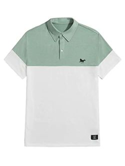 Men's Horse Print Colorblock Golf Shirt Short Sleeve Button Summer Tennis Tee Shirt