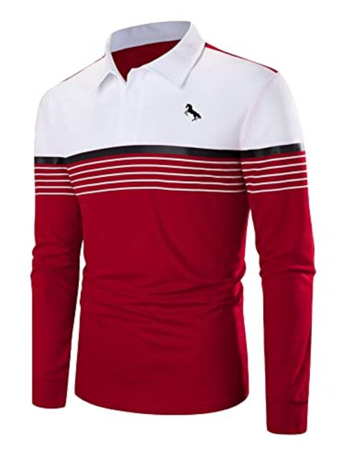 SOLY HUX Men's Horse Striped Print Golf Shirts Long Sleeve Casual Work Tennis Tee Shirt