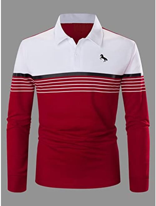 SOLY HUX Men's Horse Striped Print Golf Shirts Long Sleeve Casual Work Tennis Tee Shirt