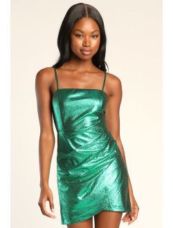 Always Envied Green Shiny Metallic Gathered Homecoming Mini Dress