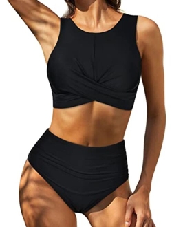 Women's High Waisted Bikini Set High Neck Two Piece Bathing Suits Crossover Ruched Swimsuits