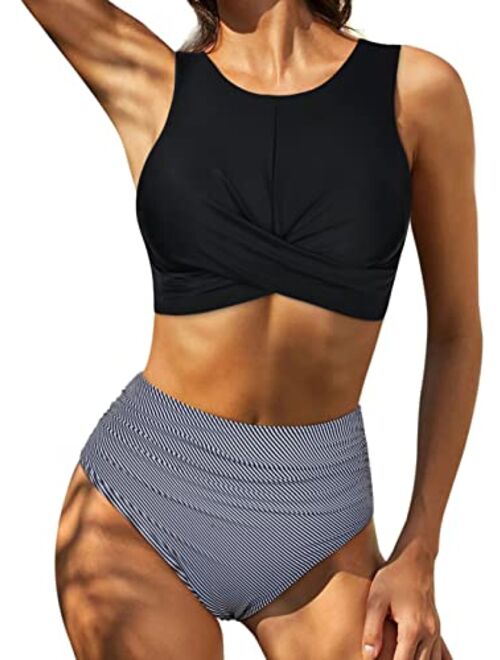 Firpearl Women's High Waisted Bikini Set High Neck Two Piece Bathing Suits Crossover Ruched Swimsuits