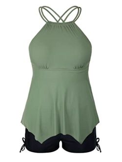 Plus Size Tankini Swimsuits for Women Flowy High Neck Bathing Suit Top with Shorts Cross Back 2 Piece Swimwear