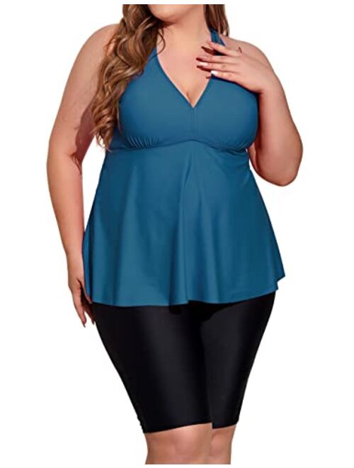 Firpearl Plus Size Bathing Suit for Women Flowy Tankini Top with Swim Capris Athletic Two Piece Swimsuits