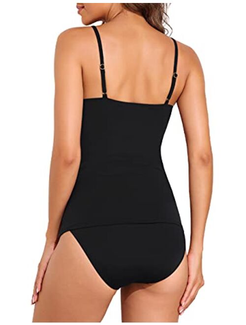 Firpearl Women's Tankini Swimsuits Twist V Neck Swim Top with Shorts Ruched Tummy Control Two Piece Bathing Suit