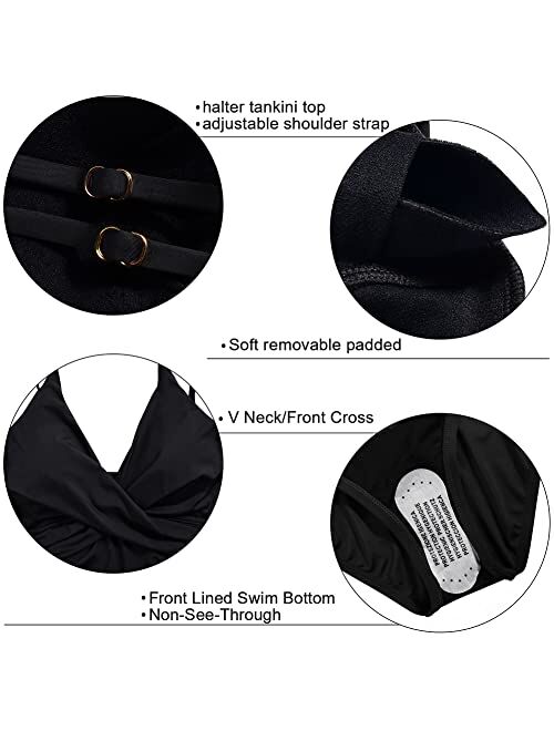 Firpearl Women's Tankini Swimsuits Twist V Neck Swim Top with Shorts Ruched Tummy Control Two Piece Bathing Suit