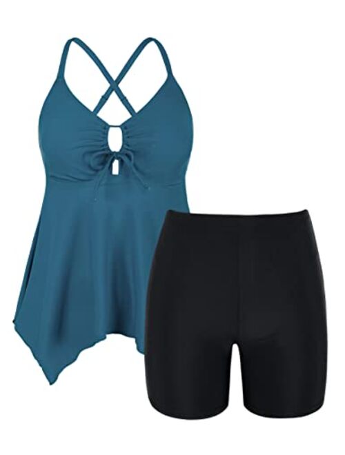 Firpearl Plus Size Flowy Tankini Swimsuits for Women V Neck Bathing Suit Top with Boyshorts Cross Back 2 Piece Swimwear