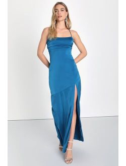 Elegant Vision Teal Blue Satin Sleeveless Maxi Dress