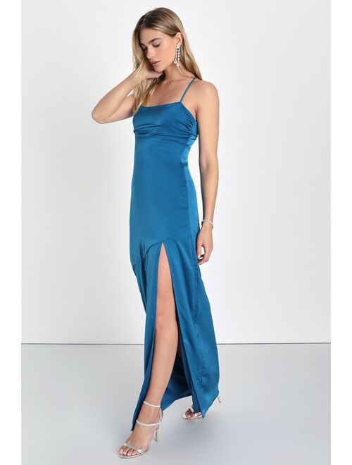 Lulus Elegant Vision Teal Blue Satin Sleeveless Maxi Dress