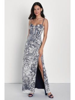 Classical Charisma Navy Blue and White Floral Bustier Maxi Dress