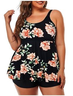 Women's Plus Size Tankini Bathing Suits Modest Tummy Control Two Piece Swimsuits with Boyshort