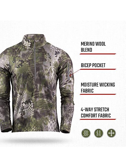 Kryptek Mens Arma Fleece Half Zip, Stealthy Camo, Performance Long Sleeve with Merino Wool Backer for temperature regulation