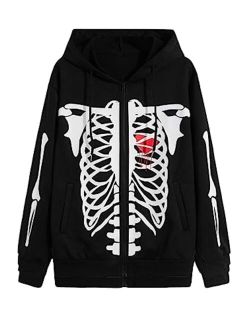 Men's Y2k Gothic Graphic Zip Up Hoodies Skeleton Print Drawstring Long Sleeve Sweatshirt Jacket