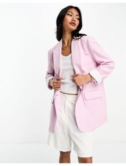 linen blazer with stripe cuff detail in pink