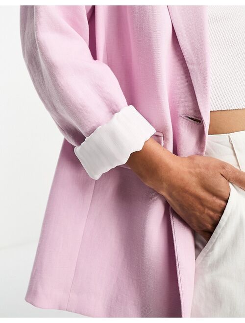 River Island linen blazer with stripe cuff detail in pink