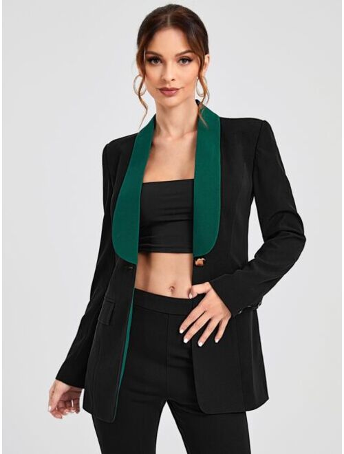 SHEIN X Ardena Contrast Shawl Collar Single Button Blazer