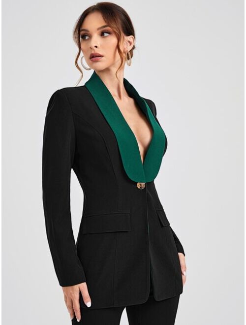 SHEIN X Ardena Contrast Shawl Collar Single Button Blazer