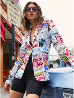 ICON Pop Art Print Single Button Blazer