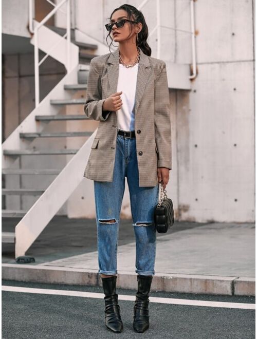 SHEIN BIZwear Plaid Lapel Collar Flap Detail Blazer Workwear