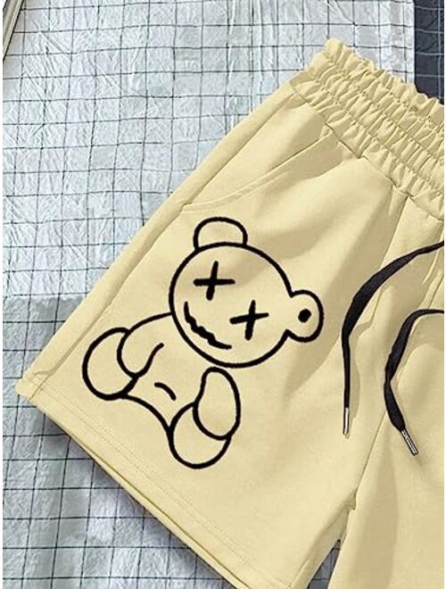 SOLY HUX Men's Cartoon Print Drawstring High Waisted Sweat Shorts Casual Summer Track Shorts with Pocket