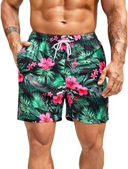 Swim Trunks for Men Tropical Print Drawstring Waist Board Shorts Beach Swimwear with Pocket