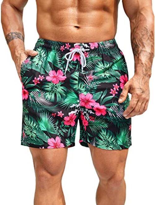 SOLY HUX Swim Trunks for Men Tropical Print Drawstring Waist Board Shorts Beach Swimwear with Pocket