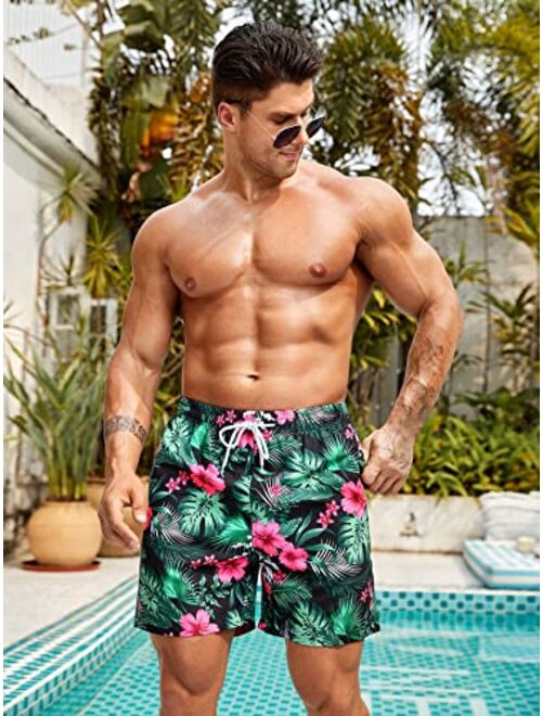 SOLY HUX Swim Trunks for Men Tropical Print Drawstring Waist Board Shorts Beach Swimwear with Pocket