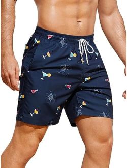 Swim Trunks for Men Flora Print Drawstring Board Shorts Beach Swimwear Bathing Suits with Pockets