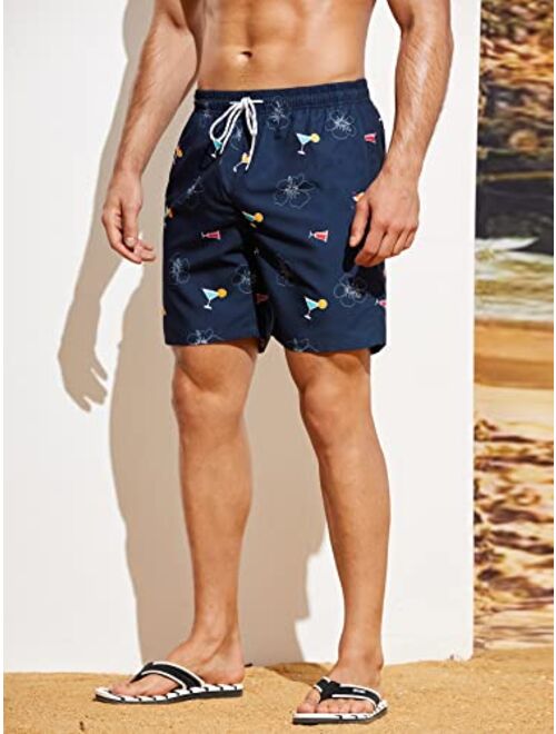 SOLY HUX Swim Trunks for Men Flora Print Drawstring Board Shorts Beach Swimwear Bathing Suits with Pockets