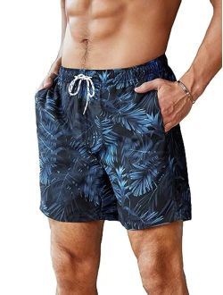 Men's Coconut Tree Print Drawstring Waist Swim Trucks Board Beach Shorts Bathing Suits with Pockets