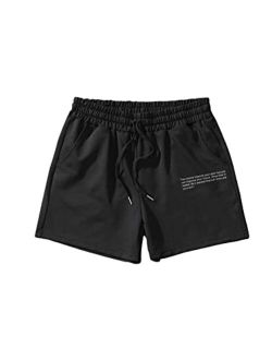 Men's Casual Letter Print Drawstring Elastic Waist Athletic Workout Shorts with Pocket