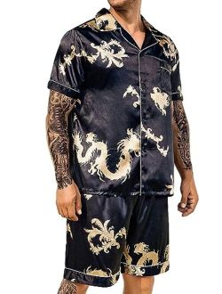 Men's Silk Satin Dragon Print Pajamas Set Short Sleeve Button Down Shirt and Shorts Sleepwear
