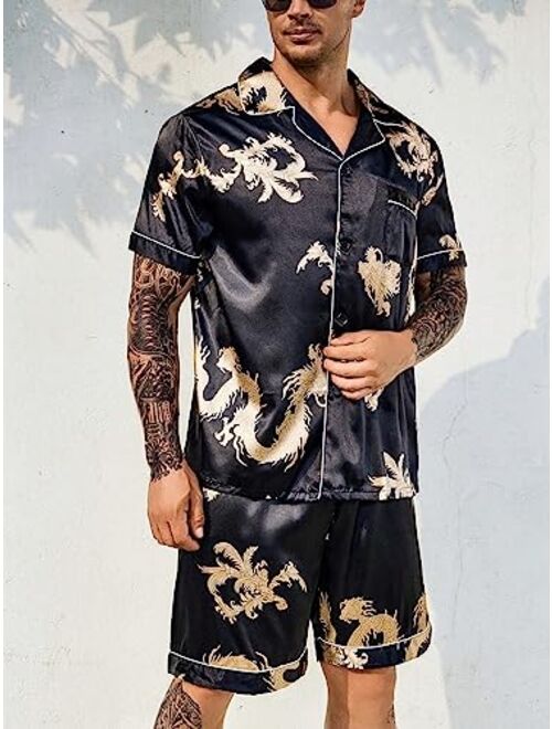SOLY HUX Men's Silk Satin Dragon Print Pajamas Set Short Sleeve Button Down Shirt and Shorts Sleepwear