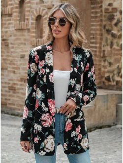 Floral Print Shawl Collar Open Front Blazer