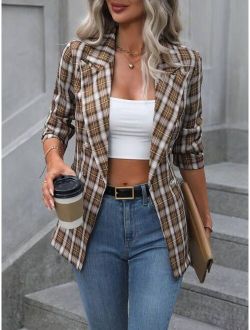 Priv Plaid Print Lapel Neck Blazer