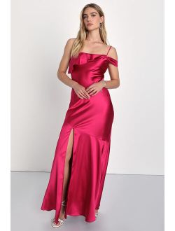 Enchanting Aesthetic Magenta Satin Asymmetrical Maxi Dress