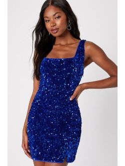 Seeing Sparkles Royal Blue Velvet Sequin Square Neck Homecoming Mini Dress