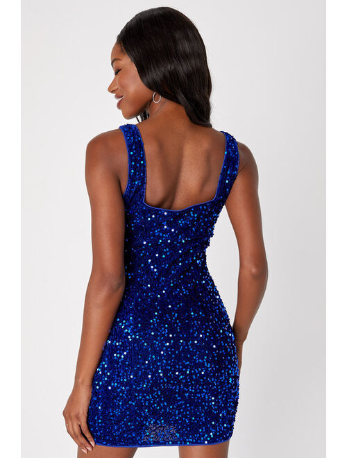 Lulus Seeing Sparkles Royal Blue Velvet Sequin Square Neck Homecoming Mini Dress