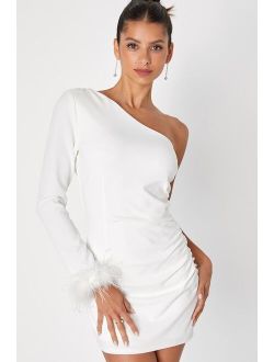 Fabulous Romance White One-Shoulder Feather Mini Dress