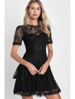 Sultry Essence Black Lace Short Sleeve Tiered Bustier Homecoming Mini Dress